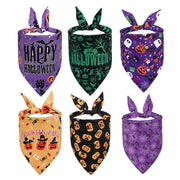 Set of six Halloween-themed saliva towel pet bandanas with festive pumpkin, ghost, and spider web designs for dogs and cats